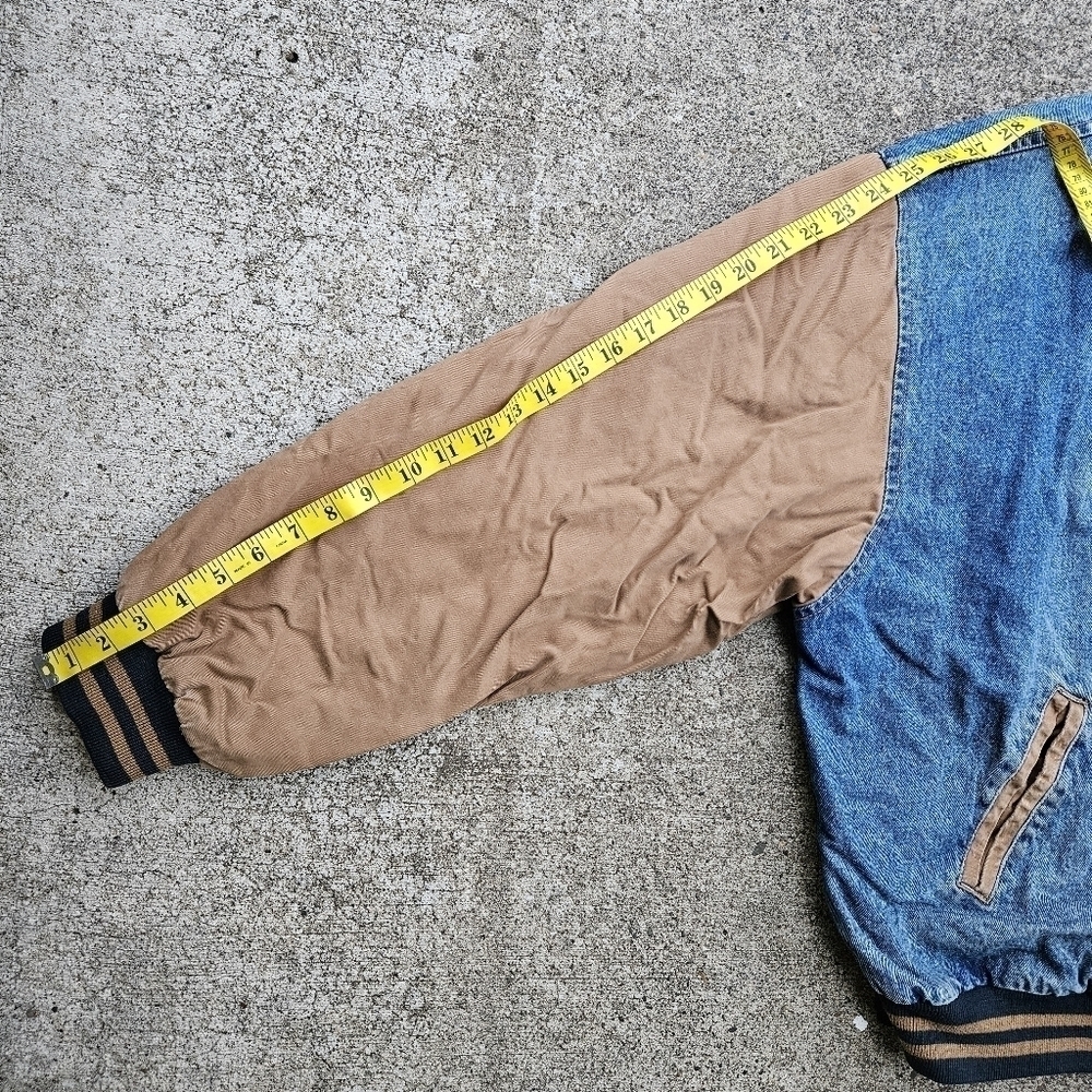 VTG 90s Dunbrooke Pace Denim Varsity Bomber Trucker Jacket Blue Tan Mens Size XL - Picture 13 of 16